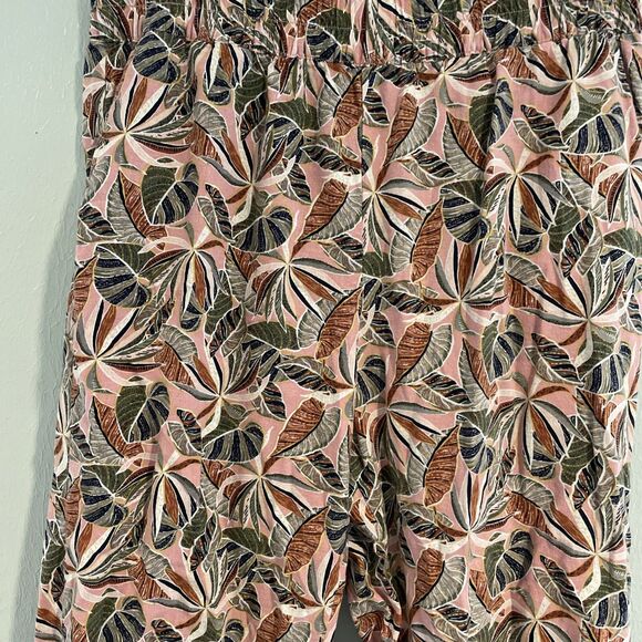 Linen Wide Leg Pants XL Palm Tropical Beach Print Pink Pull On Elastic Pockets - Picture 2 of 6